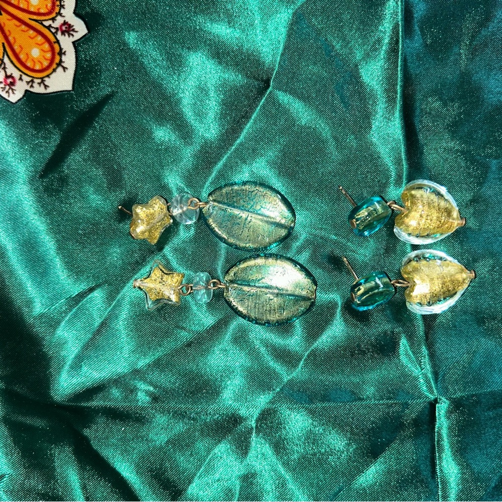 Gold and Green Earrings with Star, Leaf and Heart Motif